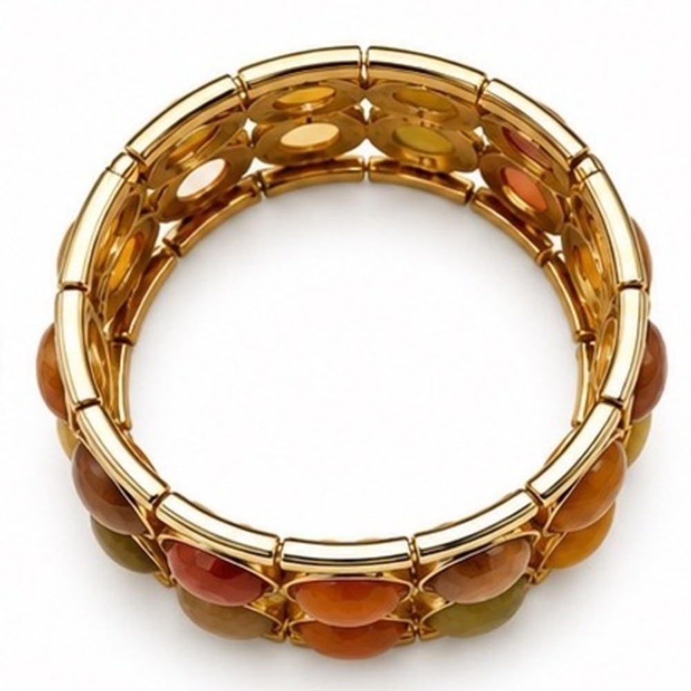 Gold Tone Double Row Faceted Resin Cabochon
Stretch Cuff Bracelet Autumn Tones - Picture 3 of 8